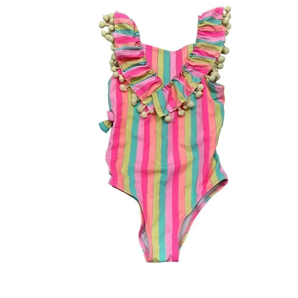 Girls Nicole Miller Striped Pom Pom Detail One‎ Piece Bathing Suit Size 6
